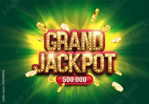 Shining sign Grand Jackpot with golden coins on a bright background. Vector illustration.