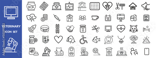 Veterinary icon set. Contains such icons as pets, medical history, health care, vet, vaccines, test, dental care, antiparasitic, diagnosis, x ray, veterinary clinic and more. Vector design.