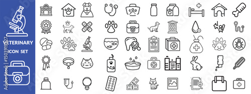 Veterinary icon set. Contains such icons as pets, medical history, health care, vet, vaccines, test, dental care, antiparasitic, diagnosis, x ray, veterinary clinic and more. Vector design.