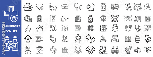 Veterinary icon set. Contains such icons as pets, medical history, health care, vet, vaccines, test, dental care, antiparasitic, diagnosis, x ray, veterinary clinic and more. Vector design.