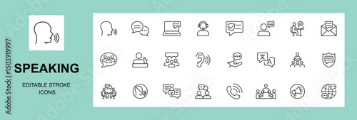 Speaking icon set. Communication icons collection. Containing discussion, speech bubble, talking, Editable stroke.