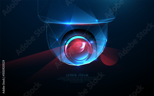 Futuristic polygonal surveillance camera with glowing lens and red laser beams