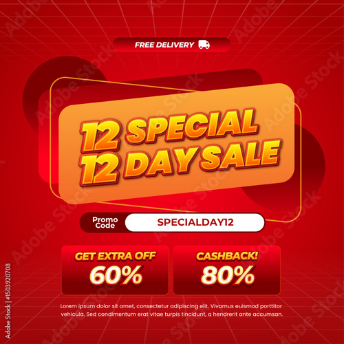 12.12 Special day Sale discount deals Dynamic Red gradient Editable text effect pop up Promotion Marketing Square banner
