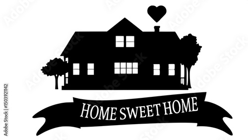 "Stylized black and white illustration of a house with retro elements, ribbon banner with a heart, 'home sweet home' text below in nostalgic fonts, minimalist and balanced composition on a white backd