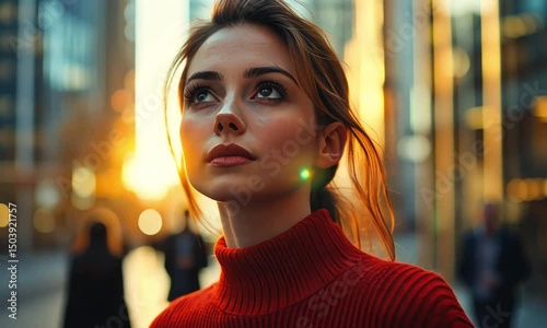 Woman in red sweater city sunset