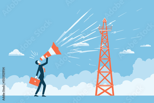 Urgent Message Broadcast Businessman Announcing Important News via Megaphone to Communication Tower
