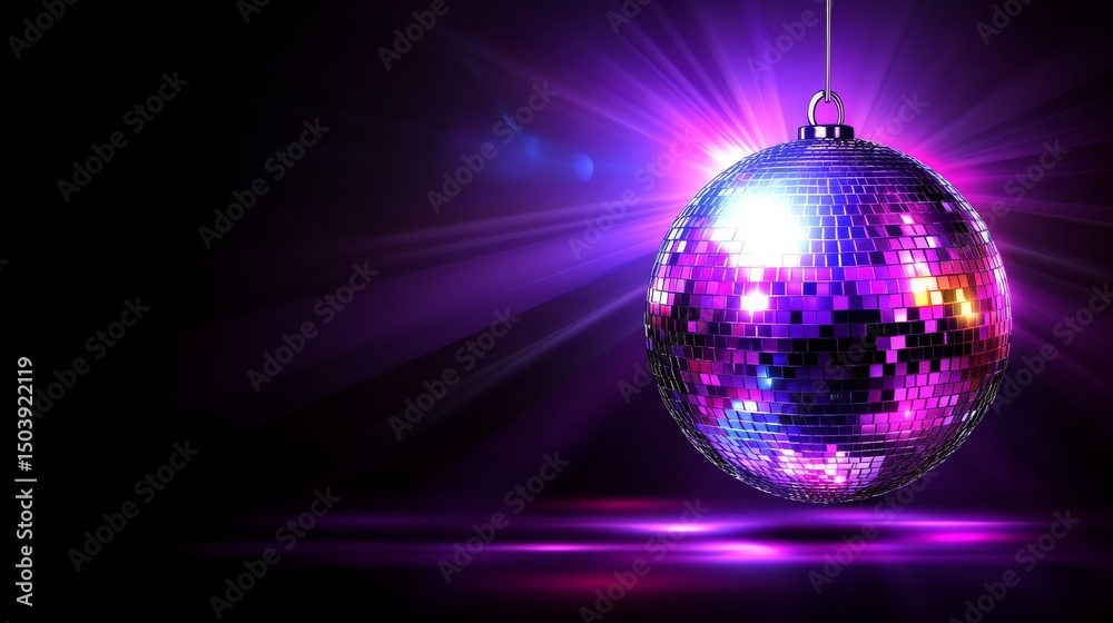 Obraz premium Sparkling Purple Disco Ball Hanging Against a Dramatic Dark Background with Purple Lights