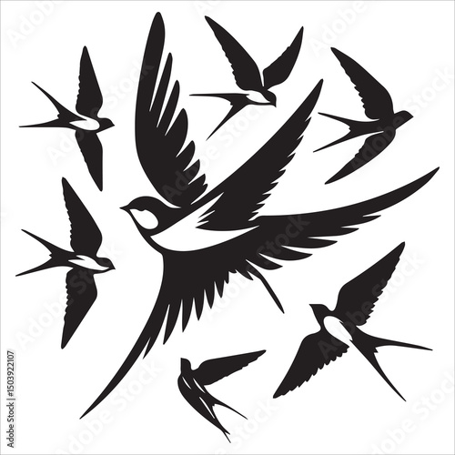 flight of swallows silhouette vector, set of swallow bird logo clip art silhouette design vector art illustration