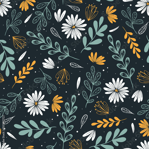 Scandinavian seamless doodle pattern with vintage leaves sketch.  For wrapping paper. Ideal for wallpaper, surface textures, textiles.