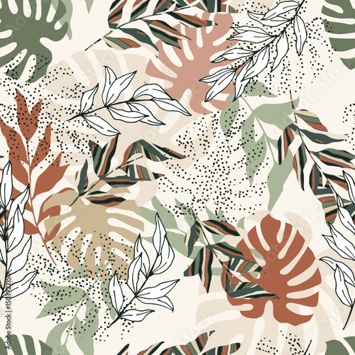 Tropical pattern with leaves and abstract strokes. Ideal for wallpaper, surface textures, textiles.