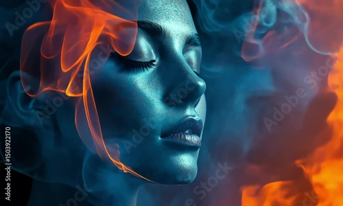 Woman face in fire and smoke