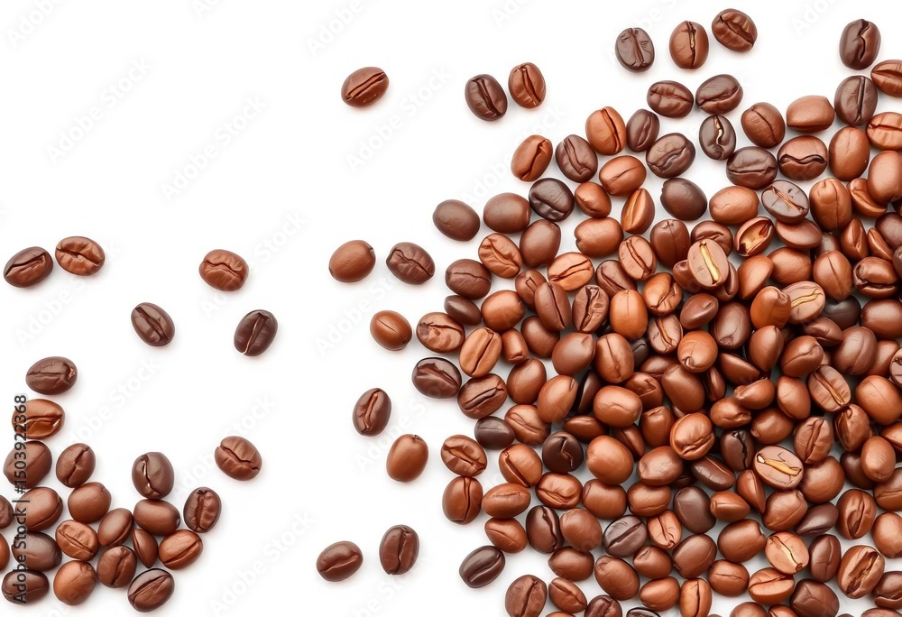 Fototapeta premium A collection of roasted brown coffee beans isolated on a pure white background, element, photography