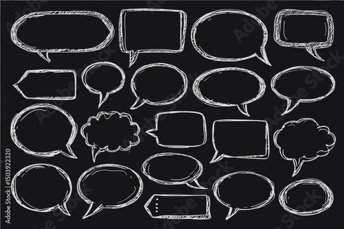Crayon chalk speech bubble set with hand drawn sketchy chat clouds, oval dialog boxes, thought balloons, doodle style communication elements for comics and cartoon messages vector