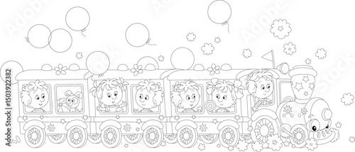 Cartoonish toy train with traveling happy little children and holiday balloons flying around, black and white vector cartoon illustration for a coloring book