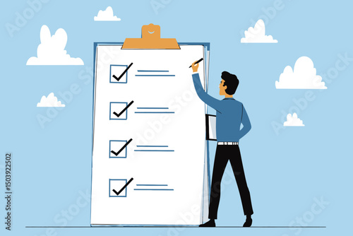 Businessman Completing Criteria Checklist Evaluation Task Done Quality Assurance Control Concept Vector