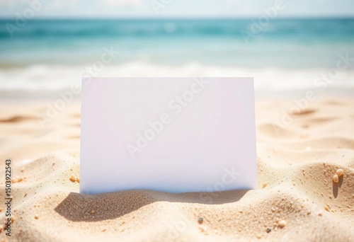 Blank white card on sandy beach, summer stationery mockup, travel, white