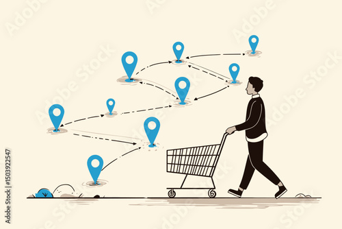 Man with Shopping Cart on Customer Journey Map for Marketing Strategy, Purchase Process, and Advertising Concept Vector