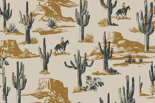 Cute Rodeo Cowboys Seamless Pattern with Desert Cacti Wild West Background for Fabric and Print Designs