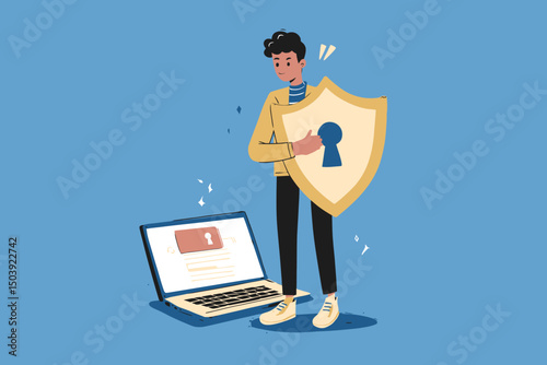 Man holding shield on laptop for cyber security, digital protection, online threat defense, encryption, privacy, computer network safety vector
