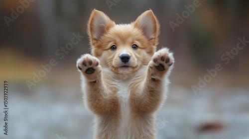 Cute Puppy Standing with Paws Raised in Playful Pose
