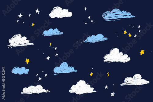 Doodle kid chalk crayon cloud designs with clumsy asymmetric starry night sky cartoon cliparts, childish celestial silhouettes for DIY party decorations and whimsical clip art