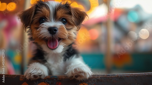 Adorable Puppy Smiling at Carnival with Colorful Lights
