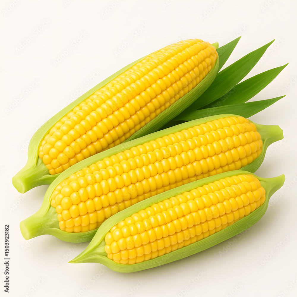 Fresh yellow corn on white background with green husk, concept of healthy food, organic vegetables, maize harvest, natural produce, summer crop and plant-based nutrition Fresh yellow corn on white background with green husk, concept of healthy food, organic vegetables, maize harvest, natural produce, summer crop and plant-based nutrition