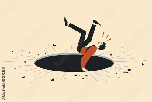 Terrified Businessman Falling into Hole, Failure Mistake, Business Risk, Crisis Danger, Loss, Recession and Pitfall Concept