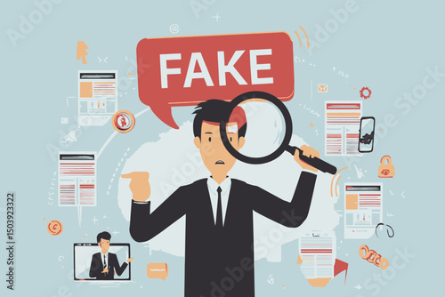Man Using Magnifying Glass on Social Media, Fake News Detection, False Information, Hoax, Scam, Dishonesty and Misinformation Concept