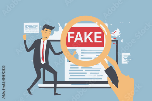 Man Using Magnifying Glass on Social Media, Fake News Detection, False Information, Hoax, Scam, Dishonesty and Misinformation Concept