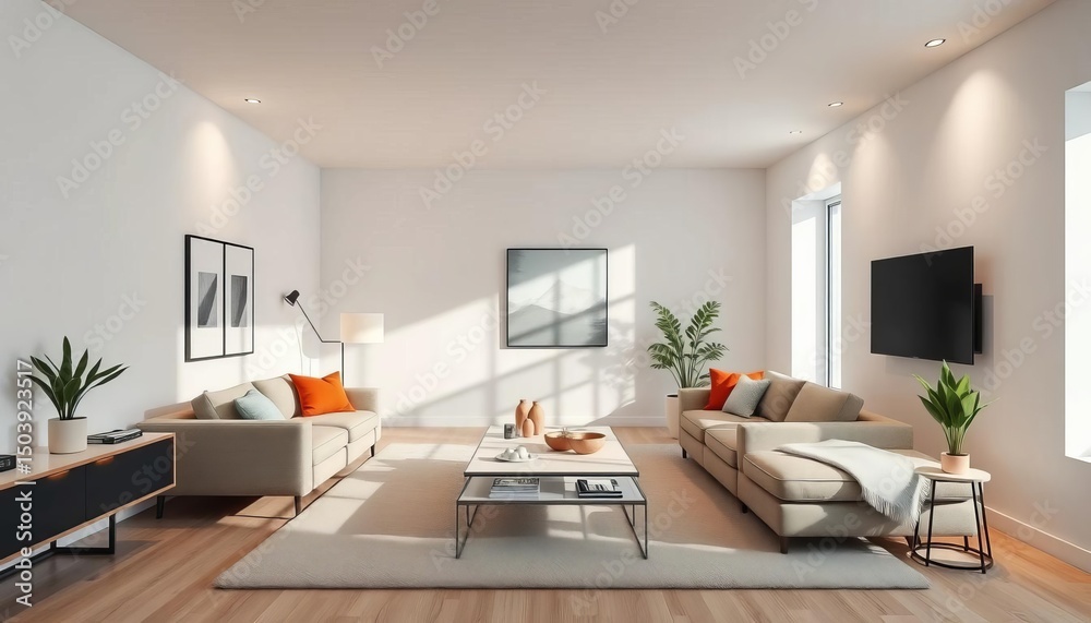 Fototapeta premium Minimalist living room, clean lines, simple decor, tidy space, house, space