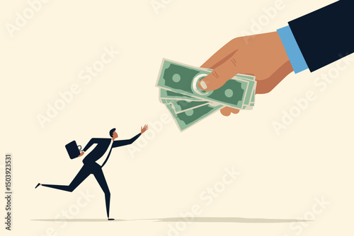 Businessman Giving Money to Happy Employee for Salary, Bonus, Tax Refund, Loan, and Investment Profit Concept Vector
