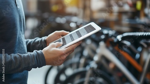 young male owner uses a tablet while squatting in a bike shop