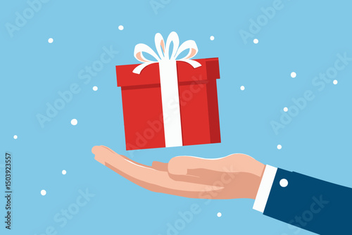 Hand Giving Gift Box with Ribbon for Reward Program, Bonus, Customer Loyalty, Employee Surprise, Birthday Gift, and Festive Incentive Concept Vector