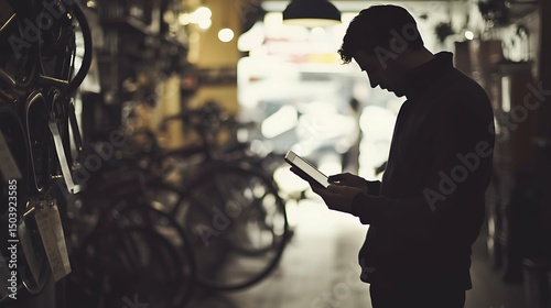 young male owner uses a tablet while squatting in a bike shop