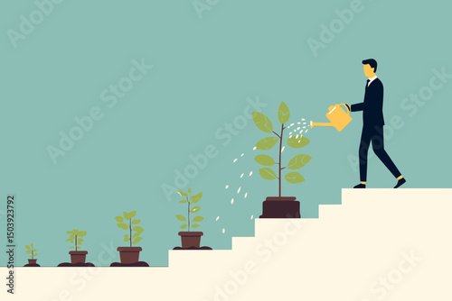 Businessman watering seedling growing into staircase, symbolizing career growth, job improvement, investment growth, mentorship, and steps to success concept vector