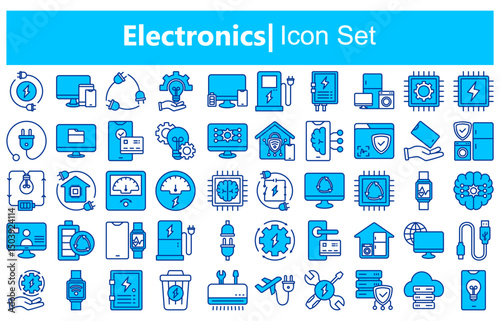 Electronics icons set. Set of laptop, smart watch, fitness bracelet, smartphone, tablet, monitor, tv box, camera, dvr, game console, gps navigator, video projector, adsl modem icons