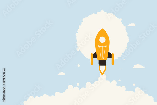 Innovation and Startup Launch Concept, Creative Rocket Flying from Lightbulb Idea for New Business, Entrepreneurship, and Breakthrough
