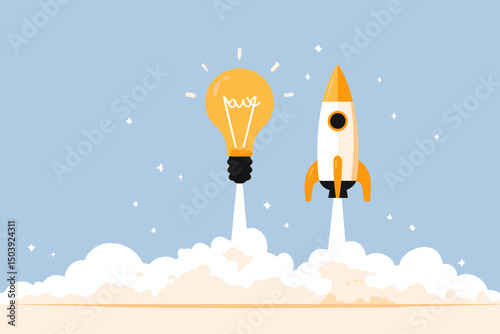 Innovation and Startup Launch Concept, Creative Rocket Flying from Lightbulb Idea for New Business, Entrepreneurship, and Breakthrough