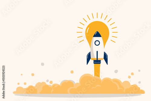 Innovation and Startup Launch Concept, Creative Rocket Flying from Lightbulb Idea for New Business, Entrepreneurship, and Breakthrough