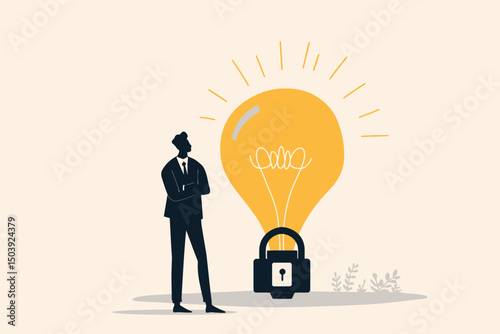 Businessman standing with light bulb locked by padlock, symbolizing intellectual property, patent protection, copyright, trademark, and product security concept vector
