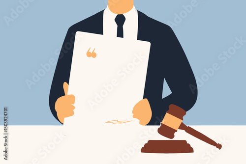 Mature lawyer holding legal document and gavel, symbolizing legal document review, attorney professionalism, court judgment, and law approval concept vector