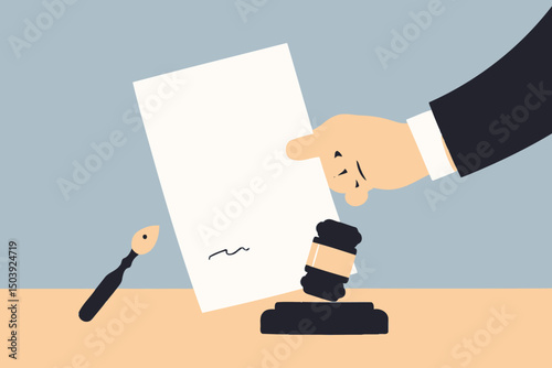 Mature lawyer holding legal document and gavel, symbolizing legal document review, attorney professionalism, court judgment, and law approval concept vector