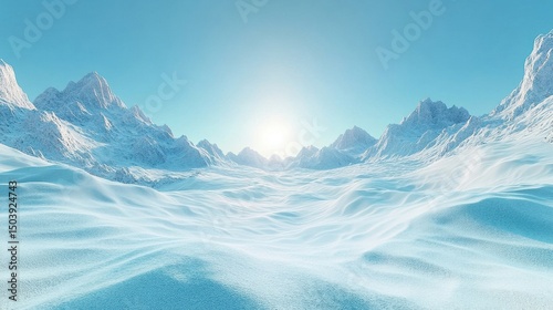 Voxel Style Snowy Mountain Landscape with Peaks Ridges and Clear Blue Sky