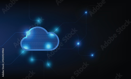 A digital cloud symbol with glowing connections on dark background, representing technology and data storage. blue tones create modern and futuristic feel