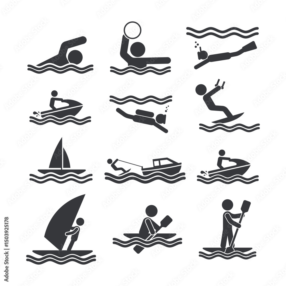 Obraz premium Bundle pictogram icon of various water sports activities including swimming, polo, diving, boating, canoeing, kayaking, surfing, and more.
