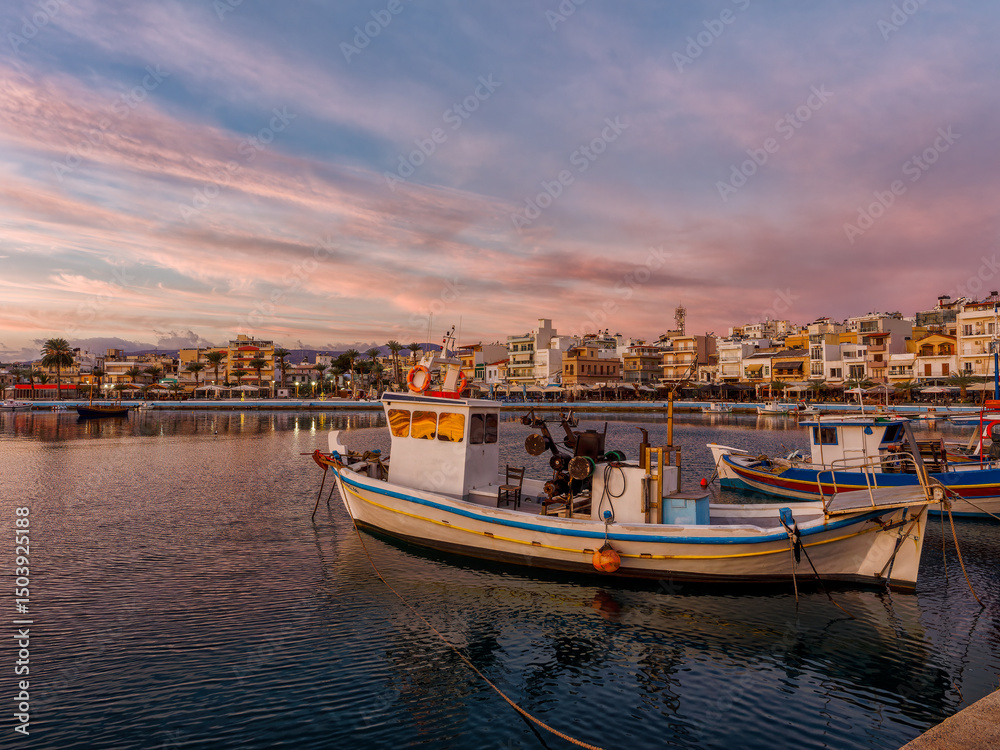 Fototapeta premium Sunset over the harbor of Sitia in Crete