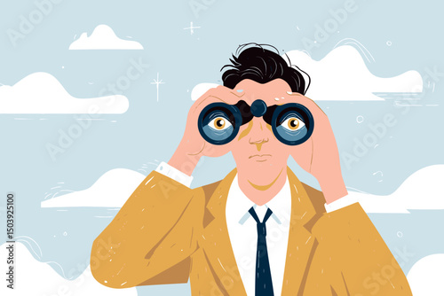 Curious Businessman Looking Through Binoculars, Opportunity Search, Job Hunt, Business Discovery, HR Candidate Finding and Observation Concept