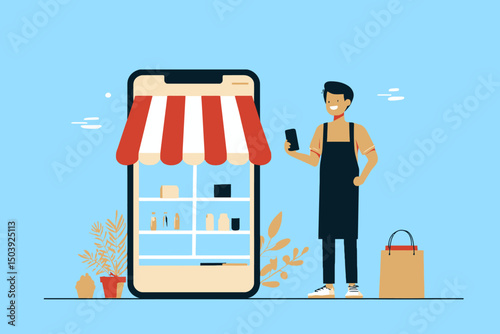 Young shopkeeper managing online mobile store, symbolizing e-commerce, online shopping, small business ownership, retail digital shelf, and entrepreneur concept vector