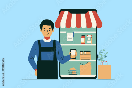 Young shopkeeper managing online mobile store, symbolizing e-commerce, online shopping, small business ownership, retail digital shelf, and entrepreneur concept vector